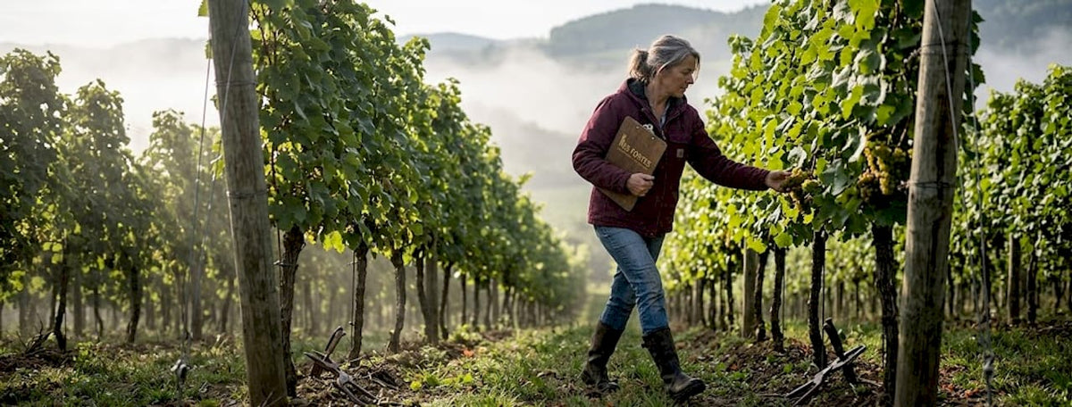 Vineyard manager inspecting grapevines at sunrise