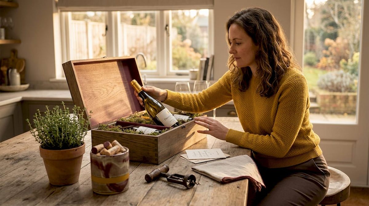 Selecting French wine gift at kitchen table