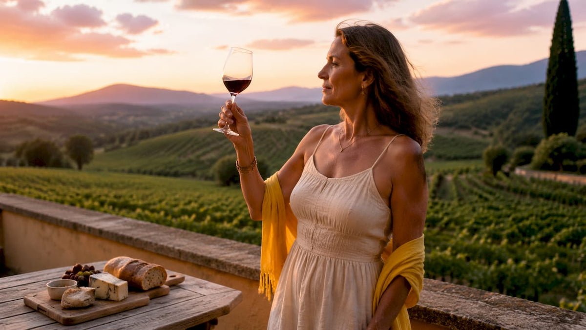 Woman tasting red wine in Roussillon vineyard