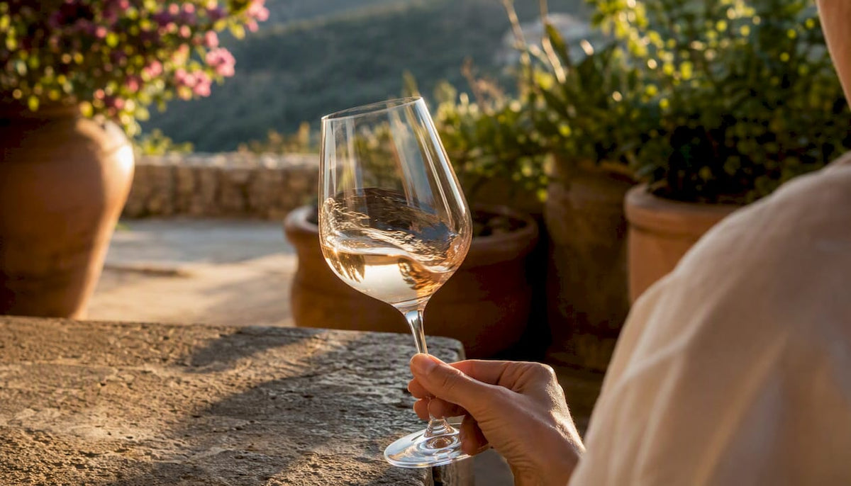 Hand swirling rosé wine in glass
