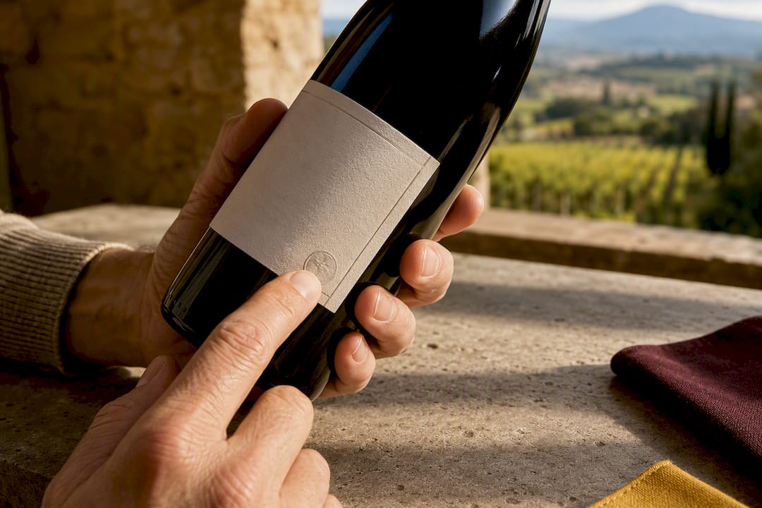 Hands inspecting an organic wine certification mark