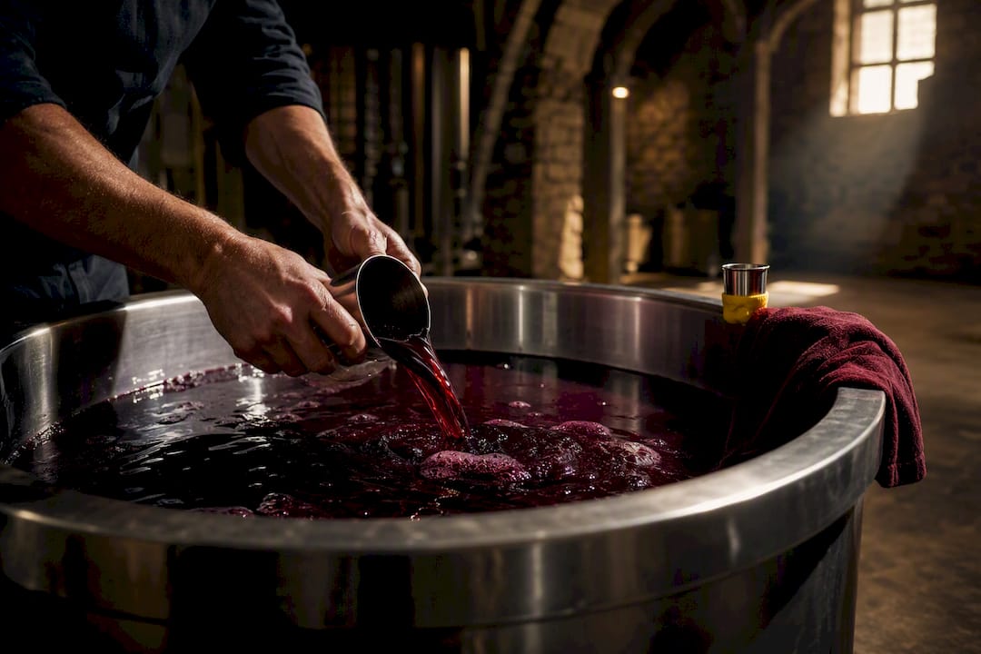 Winemaker combining Grenache blend in cellar
