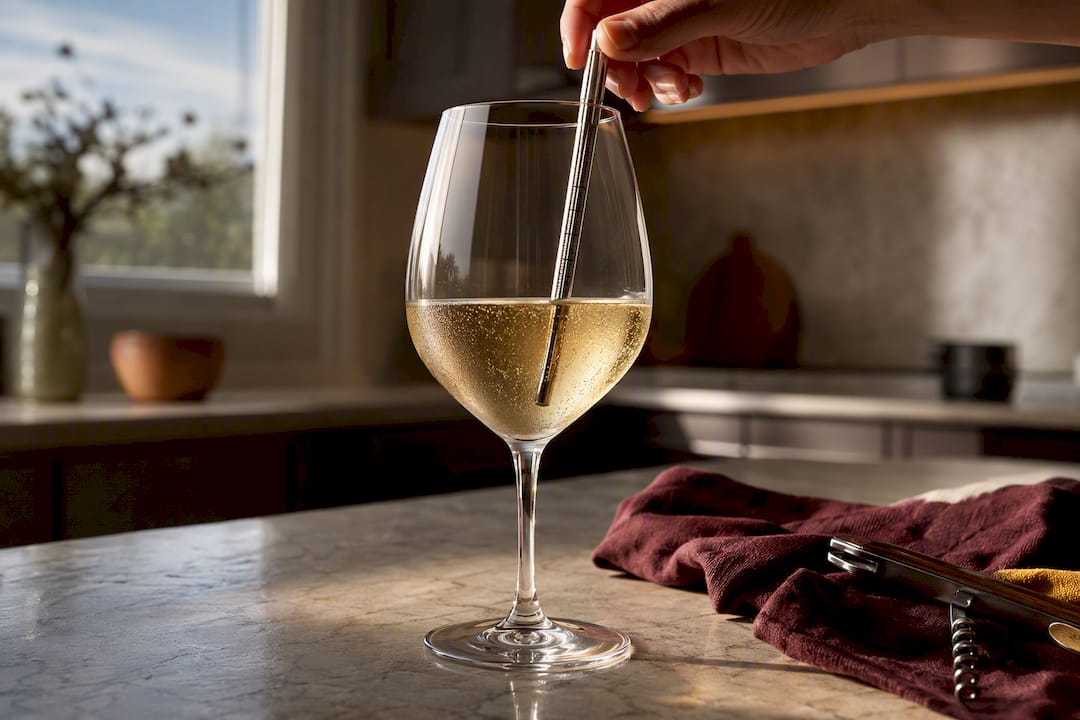 Thermometer checking white wine serving temperature