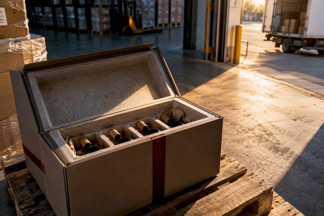 Insulated wine parcel in a hot delivery depot