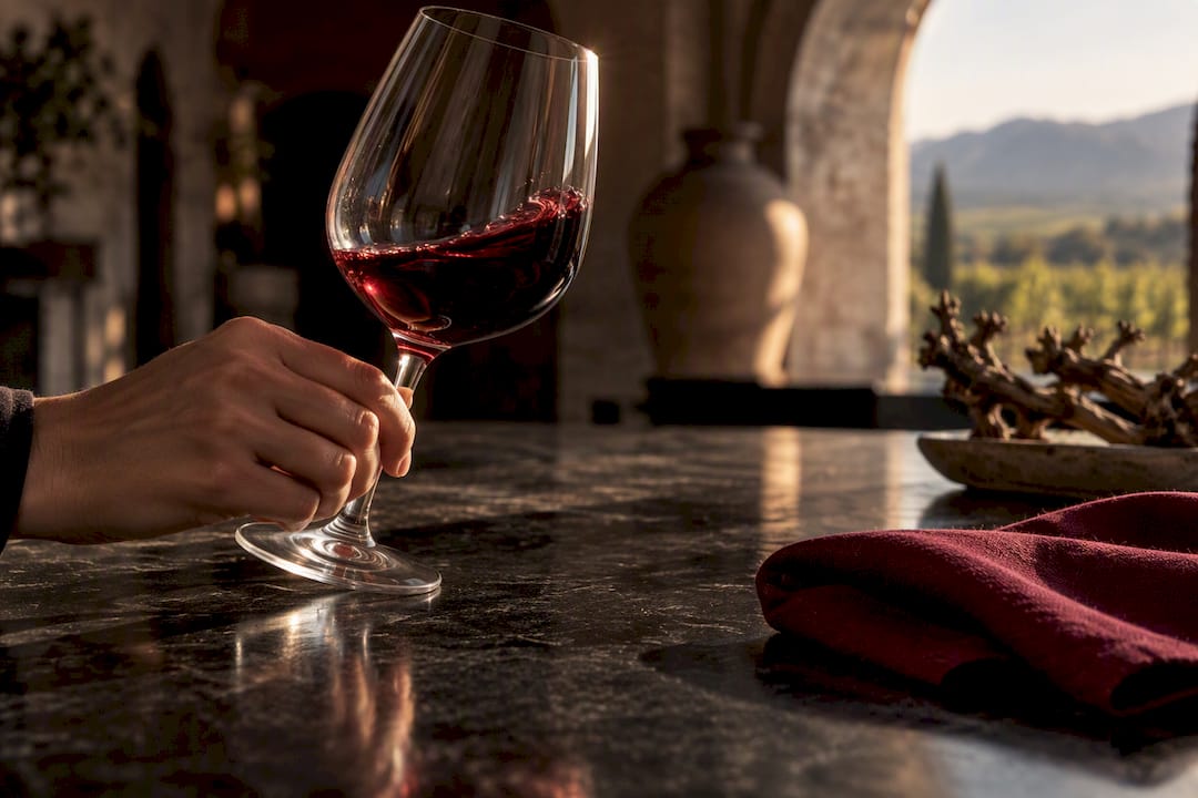 Ruby Grenache wine being swirled