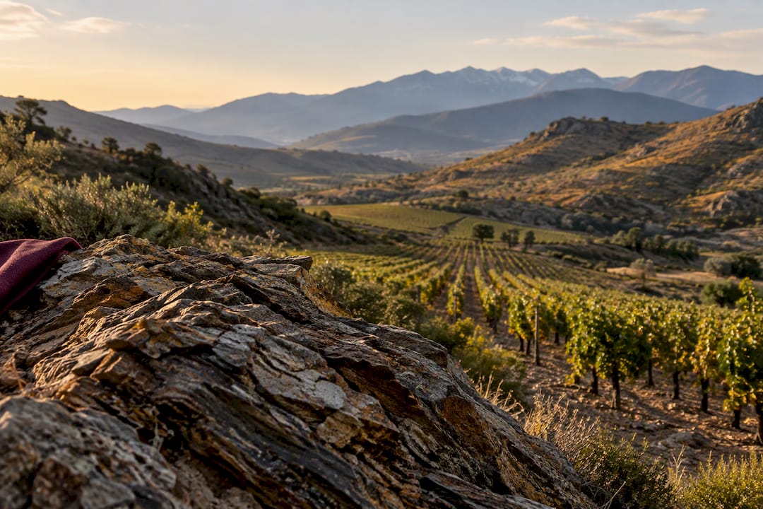 Roussillon vineyard among rocky Pyrenean foothills