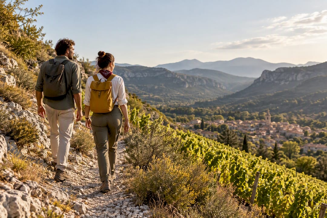 Visitors walking a limestone vineyard trail