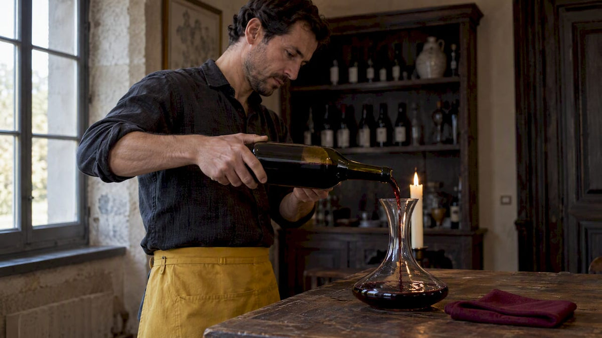 Wine being poured beside candlelight to reveal sediment