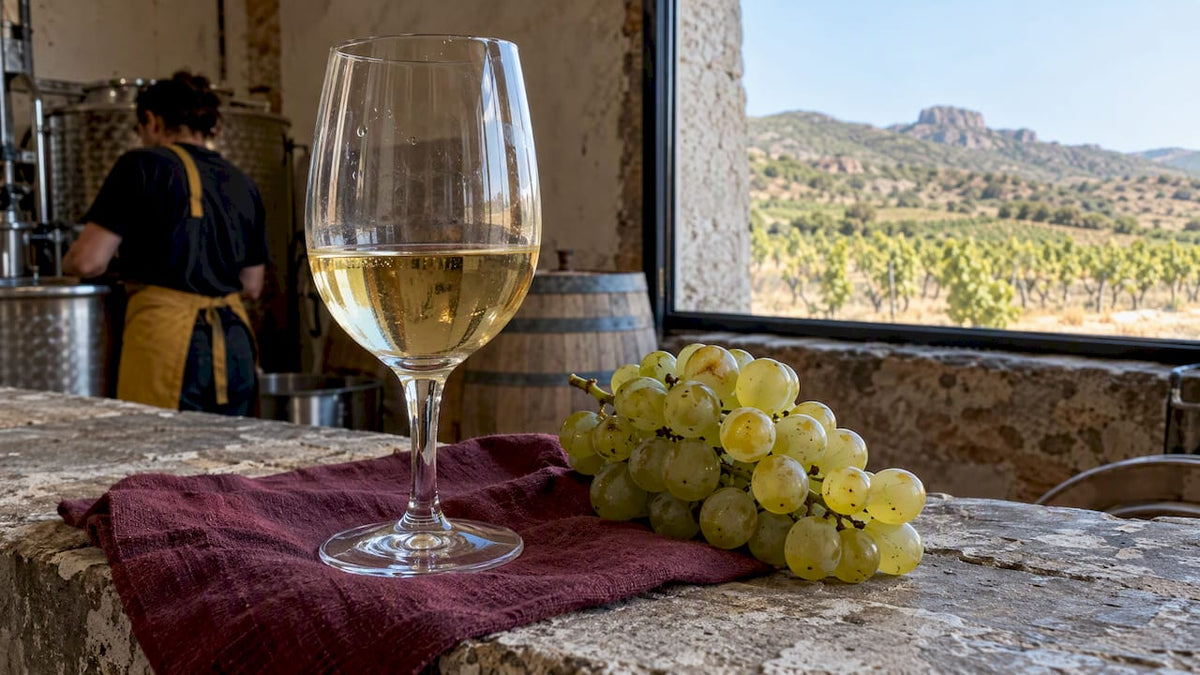 Grenache Blanc wine with fresh grapes