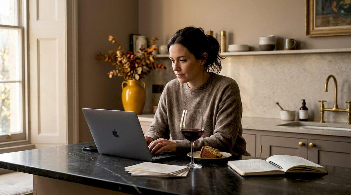 Woman buying wine online at kitchen table