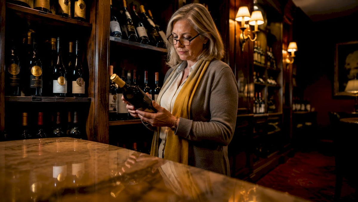 Woman reading wine bottle label in shop