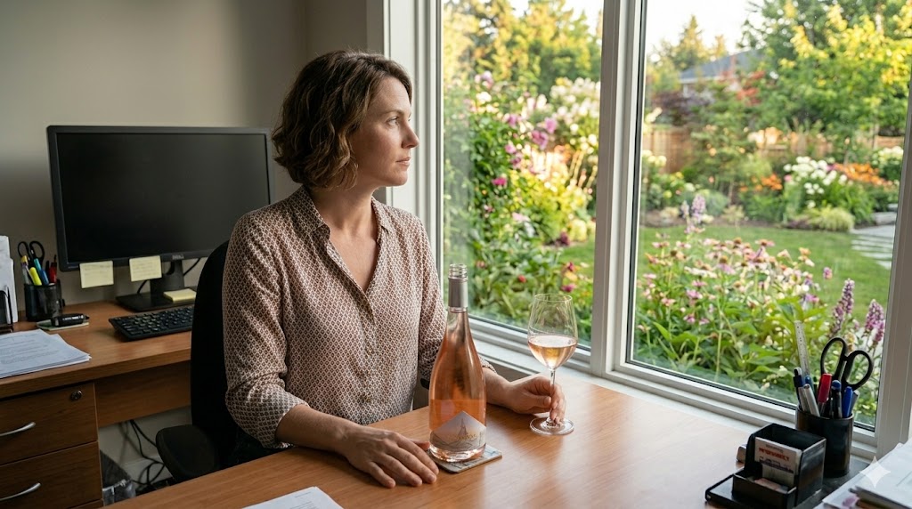 Woman tasting French rosé at kitchen table